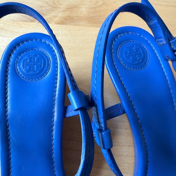 TORY BURCH MILLER WEDGE SANDALS DOUBLE T LOGO T STRAP LEATHER SLINGBACK BLUE 10 - Picture 11 of 12